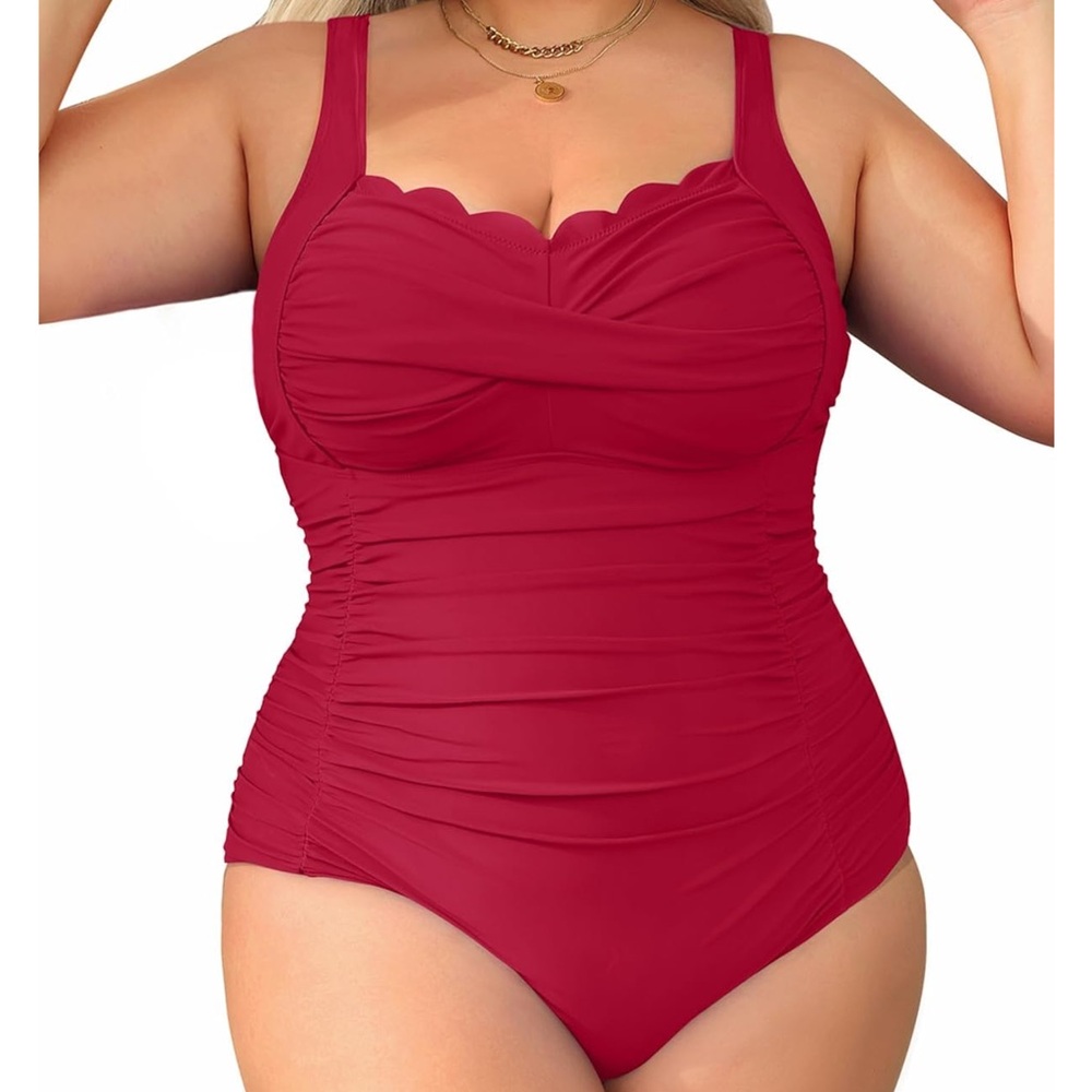 Elegant Red Scallop Trim One-Piece Swimsuit